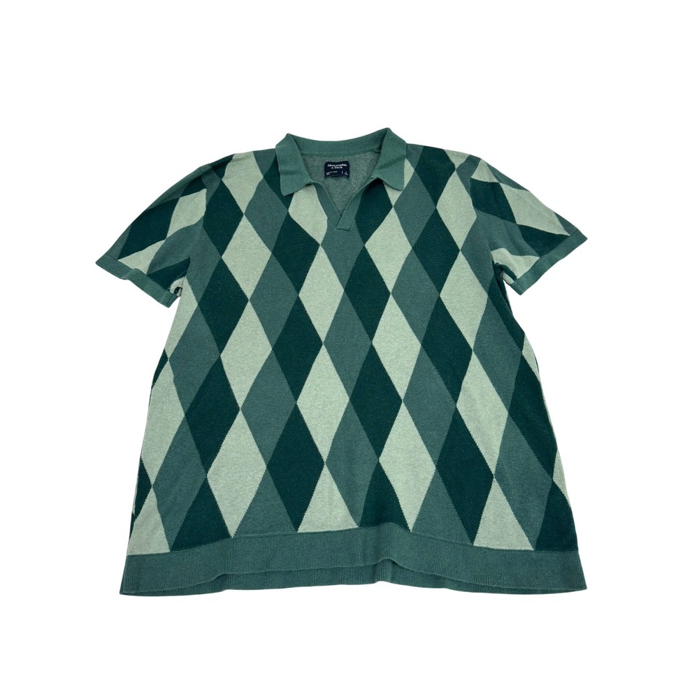 Abercrombie & Fitch Mens Green Argyle Knit Short Sleeve Polo Shirt Large
